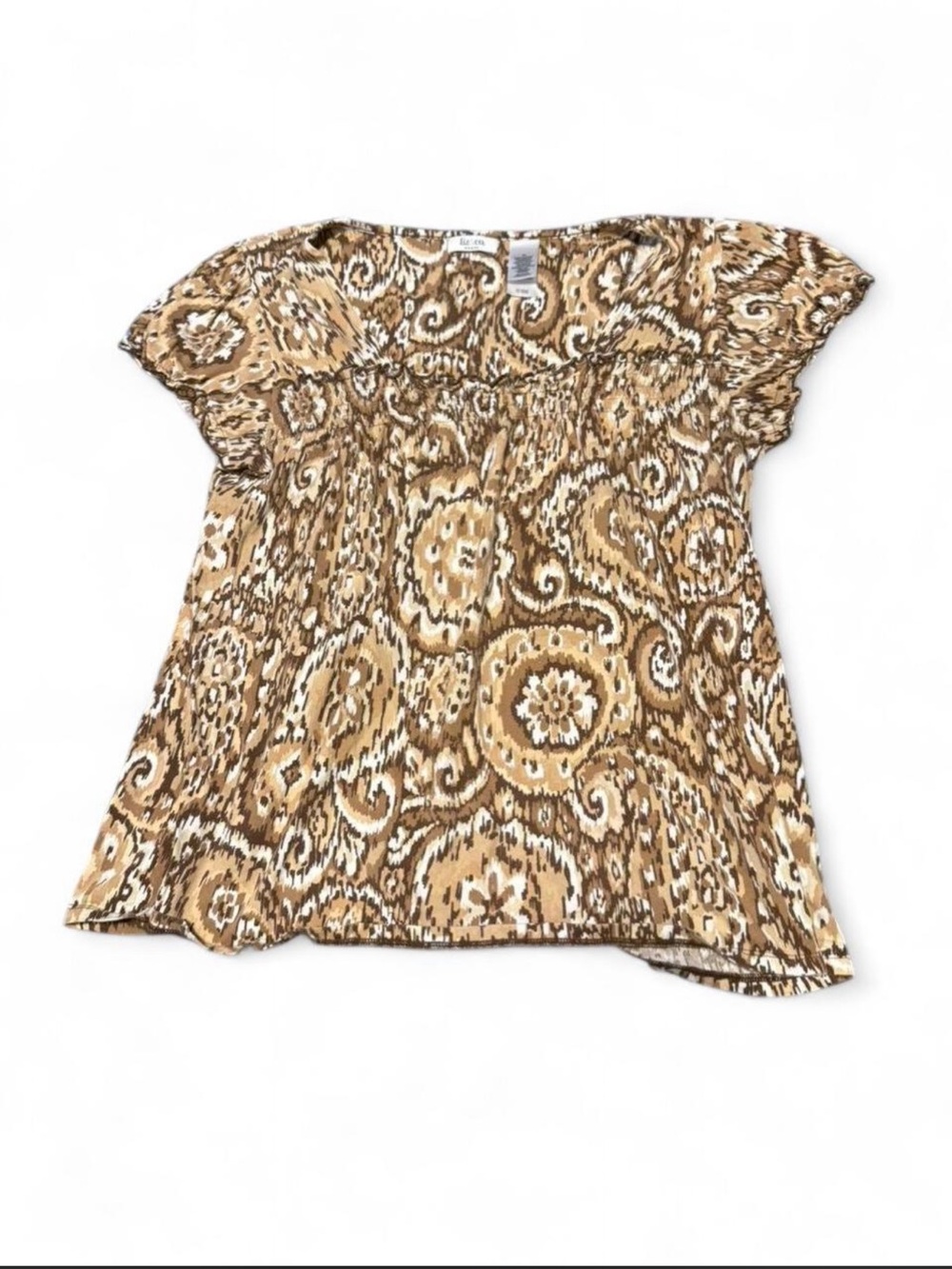 Liz & Co top neutral brown paisley pattern with gathered bust and cap sleeves